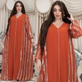 Dark orange chiffon kaftan dress featuring vertical silver sequin stripes and long sleeves - Orange