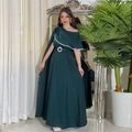 Elegant dark green satin evening gown with asymmetrical off-shoulder cape and rhinestone belt - 2XL / Dark Green