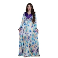 Floral print kaftan dress with purple V-neck and beaded trim in beige and blue - S / Purple