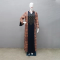 Close-up of geometric orange pattern and blue panel with gold rhinestone on abaya dress - S / Blue