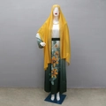 Detail of floral print and rhinestone accents on gradient long kaftan robe with yellow hijab - S / Dark Green