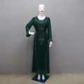 Detailed view of dark green dress with silver rhinestone geometric patterns and cinched waist - S / Top And Bottom / Dark Green