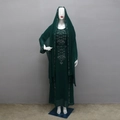 Detail of silver rhinestone geometric patterns on dark green chiffon Muslim abaya set - One Size / Headscarf / Dark Green