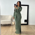Elegant olive green long-sleeved maxi dress with flare cuffs and waist ring detail - S / Dark Green
