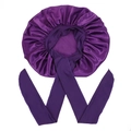 Deep purple satin sleep bonnet with adjustable wide straps and silky pleated texture - Deep Purple Medium Size Crisscross Style