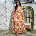 Floral maxi dress with V-neckline and waist tie on an elegant marble background - S / Red