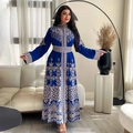 Elegante dunkelblaue Jalabiya-Kaftan Kleid mit goldenen Stickereien und Trompetenärmeln - S / Blau