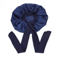 Dark blue satin bonnet with long adjustable ties for hair care and overnight sleep protection - Navy Blue Medium Size Crisscross Style