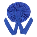 Bright blue satin hair bonnet with wide long ties for night hair care and styling - Royal Blue Medium Size Crisscross Style