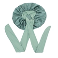 Light green satin sleep bonnet with adjustable long ribbons for hair protection - Grass Green Medium Size Crisscross Style