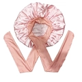 Pink satin sleep bonnet featuring long adjustable straps for hair protection - Rose Pink Medium Size Crisscross Style