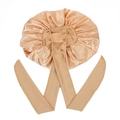 Champagne gold satin hair bonnet with wide ribbons and elastic band for night care - Gold Medium Size Crisscross Style