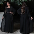 Elegant black long evening gown with silver sequins and matching belt in abaya style - S / Black