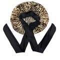 Leopard print satin sleep cap with long black ribbons for hair protection - Leopard Medium Size Crisscross Style