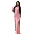 Elegant dusty pink maxi dress with long sleeves and a silver ring waist detail - L / Pink