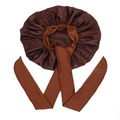 Dark brown oversized satin bonnet for hair care with wide adjustable ribbons and silk gloss - Coffee Medium Size Crisscross Style