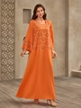 Elegantes orangefarbenes muslimisches Abaya-Kleid mit langen Ärmeln und Strasssteinen - S / Orange