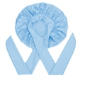 Sky blue satin sleep bonnet with long straps and glossy texture for hair protection - Sky Blue Medium Size Crisscross Style