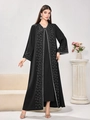 Dames zwarte abaya vest set met zilveren strass ringen en witte bies detail - 2XL / Zwart