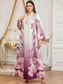 Florales Langarm-Kaftankleid in lila Farbverlauf mit elegantem Quasten-V-Ausschnitt - M / Lila
