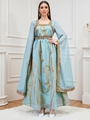 Elegante abito caftano azzurro con ricamo di foglie dorate e lunghe maniche a mantella - M / Verde petrolio