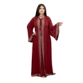 Elegant wine red chiffon abaya dress with rhinestones and tassel details - M / Red