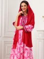 Detail of red chiffon hijab paired with floral print long-sleeve Middle Eastern dress - Red