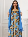 Detail view of the elegant blue chiffon hijab matching the printed Muslim long dress set - Blue
