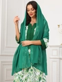 Detail of floral chiffon long dress with matching dark green translucent headscarf - Green