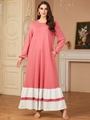 Elegant coral pink long sleeve crew neck maxi dress with patchwork ruffled hem for women - M / Pink