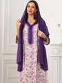 Detail of elegant V-neck floral dress with purple buttons and chiffon hijab accessory - Deep purple