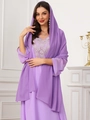 Detail of lavender chiffon abaya with elegant floral embroidery and matching hijab - Purple