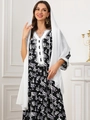 Detail of floral abaya with white braided trim on collar and sleeves and high-quality fabric - White