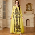 Elegantes gelbes Maxikleid mit langen Ärmeln und aufwendiger dunkler Paillettenstickerei - M / Gelb