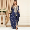 Ethnic navy μπλε φόρεμα καφτάνι με χρυσά φλοράλ σχέδια και κομψές λεπτομέρειες φούντας - Ένα μέγεθος / Βασιλικό Μπλε