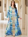 Maxi abito caftano da donna con stampa floreale, maniche lunghe e decorazione di paillettes - M / Blu