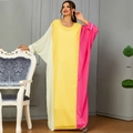 Elegante vestido largo de manga larga con bloques de color en blanco, amarillo y fucsia - Talla única / Rosa Rojo (Patchwork Rosa Amarillo Blanco)