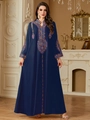 Ethnic style long-sleeved navy blue kaftan maxi dress with colorful floral embroidery - Sapphire Blue