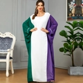 Elegante vestido caftán tricolor con mangas moradas y verdes y lentejuelas plateadas - Talla única / Blanco (Patchwork Verde Blanco Morado)