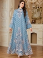 Elegant light blue kaftan dress with geometric patterns and floral prints for women - M / Grey Blue