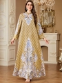 Elegant mustard yellow kaftan dress with white geometric patterns and floral prints - M / Yellow