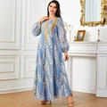 Light blue long-sleeved kaftan dress with golden sequin embroidery and floral patterns - S / Gray