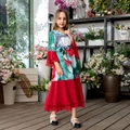 Mädchenkleid in Rot mit tropischem Blattmuster aus Chiffon mit Volantärmeln und Stufenrock - Rot / 6 (95-105cm)