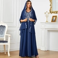 Elegante vestido largo bordado azul oscuro con hijab, cuello en V étnico manga larga abaya caftán - M / Vestidos / Azul marino