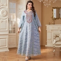 Light blue long sleeve kaftan dress with colorful neckline embroidery and white print - M / Gray