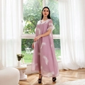 Elegant purple V-neck maxi dress featuring white feather prints and fringe details - Pink