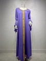 Detail of purple Abaya featuring gold embroidered trim and layered ruffle sleeves - S / Purple