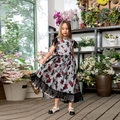 Ethnic style floral sleeveless mesh dress for girls with red flowers on grey fabric - White / US 6