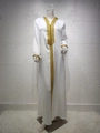 Close-up of golden embroidery and sphere buttons on white hooded abaya neckline - White