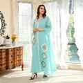 Elegant light blue kaftan dress with gold trim and diamond sequin embroidery details - S / Light Blue